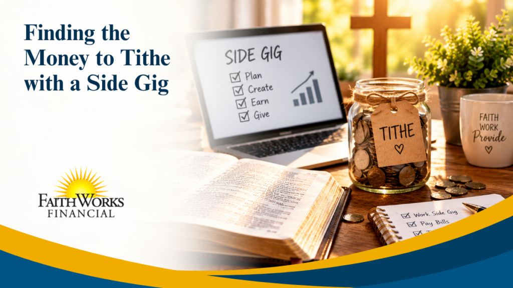 Encouraging FaithWorks Financial graphic, “Finding Money to Tithe with a Side Gig,” showing a laptop checklist, open Bible, coin jar, and faith mug.