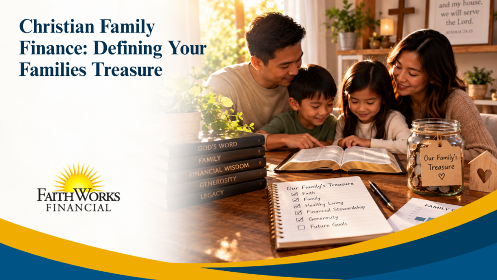 A smiling couple and their children study a Bible and budgeting journal together; “Christian Family Finance” sets a warm, faith-centered tone.