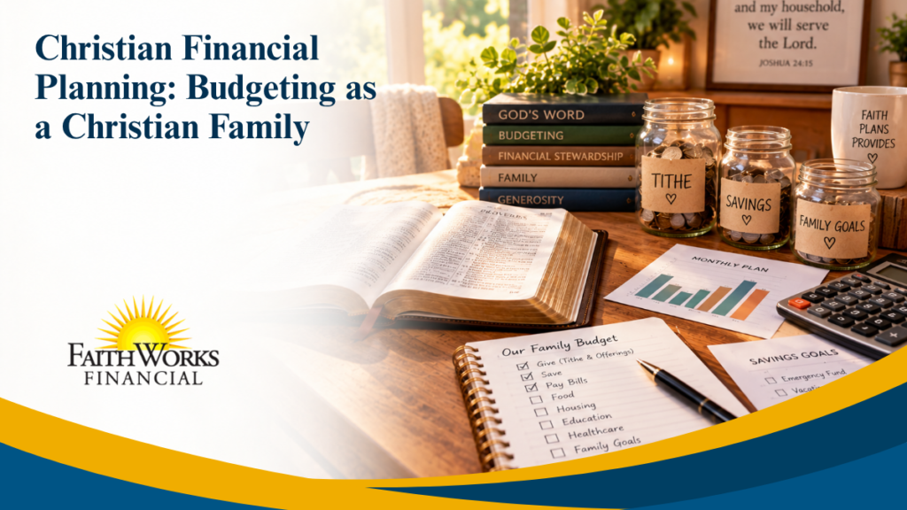 Christian family budgeting graphic with an open Bible, budget worksheet, charts, calculator, and savings jars on a desk; calm and hopeful in tone.