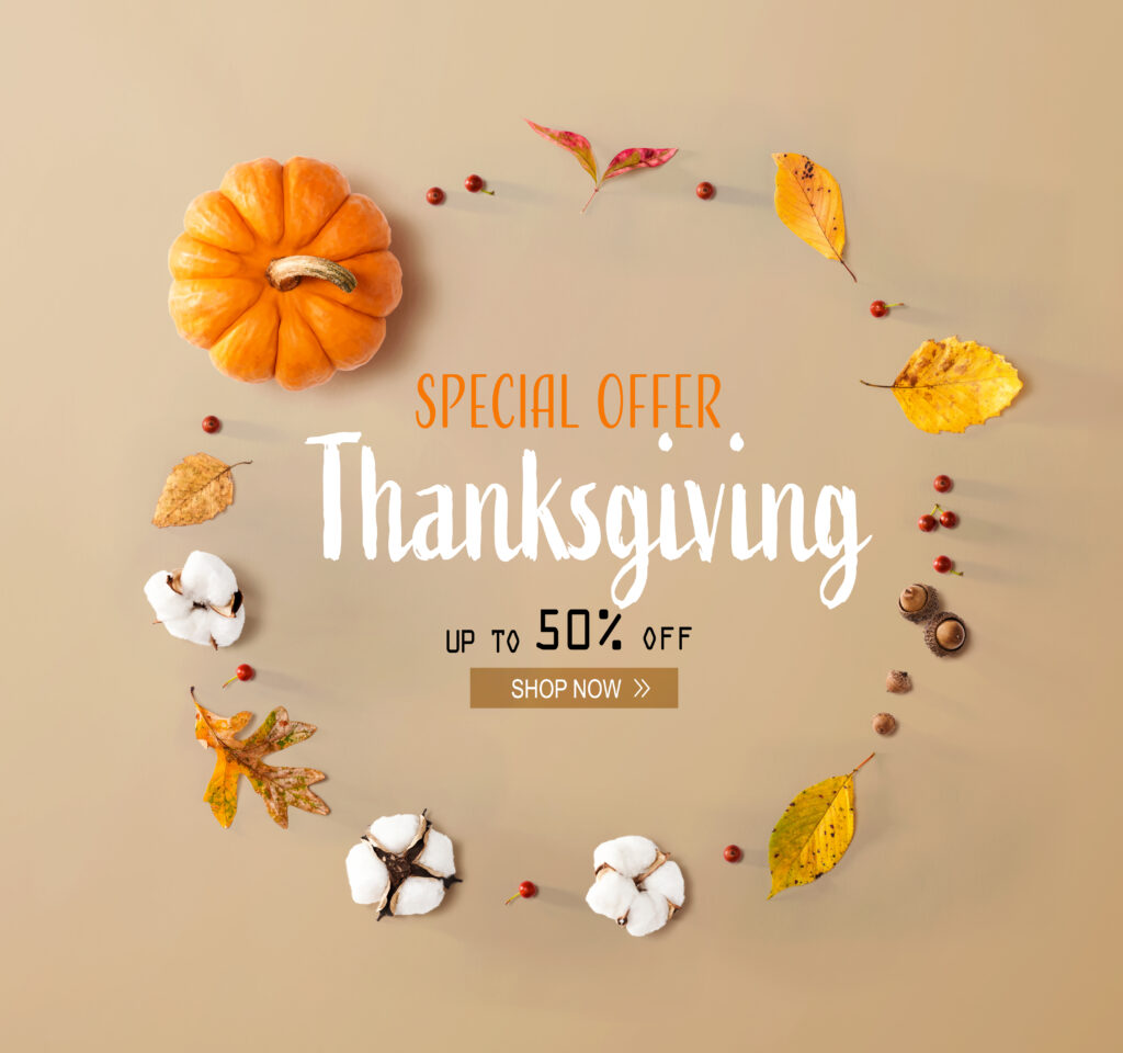 Thanksgiving sale image with text "Special Offer, Thanksgiving, Up to 50% Off." Decorated with a pumpkin, autumn leaves, acorns, and cotton flowers.