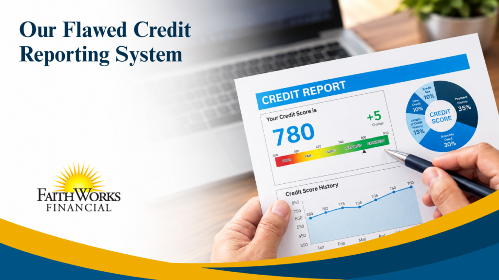 FaithWorks Financial graphic titled “Our Flawed Credit Reporting System,” showing hands reviewing a credit report with a 780 score, charts, and a pen.