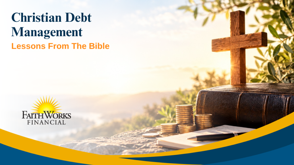 Christian Debt Management: “Lessons From The Bible” with a wooden cross, Bible, coins, and sunrise landscape, conveying hopeful faith-based financial guidance.