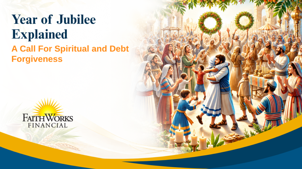FaithWorks Financial graphic titled “Year of Jubilee Explained,” showing a joyful biblical crowd celebrating with wreaths and embracing, about spiritual and debt forgiveness.