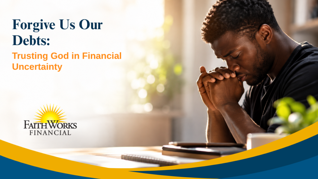 A man bows in prayer at a desk beside a laptop; text reads “Forgive Us Our Debts: Trusting God in Financial Uncertainty,” conveying faith and hope.