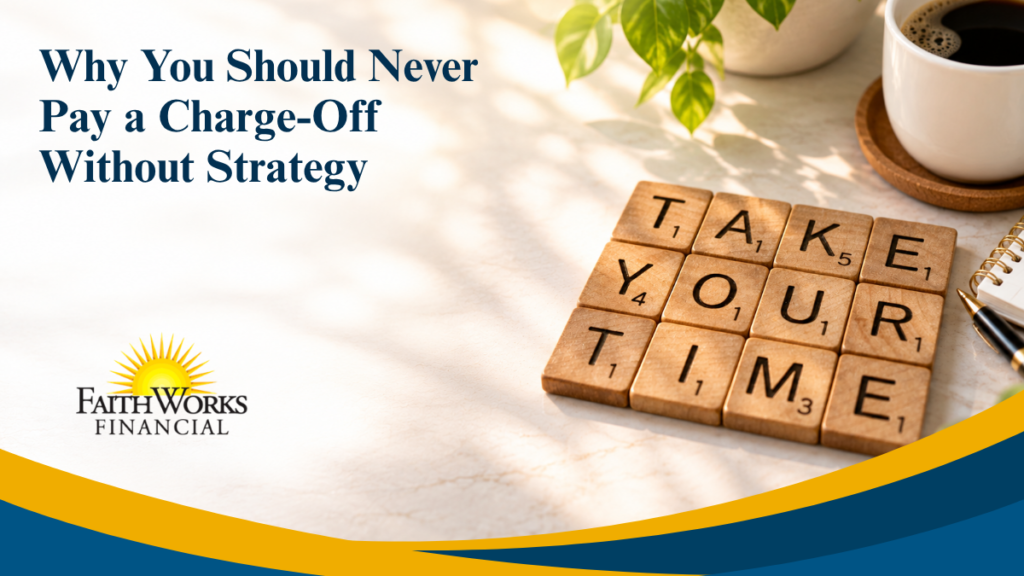 Financial advice graphic reading “Why You Should Never Pay a Charge-Off Without Strategy,” with wooden letter tiles spelling “TAKE YOUR TIME,” coffee, and a plant for a calm, thoughtful tone.