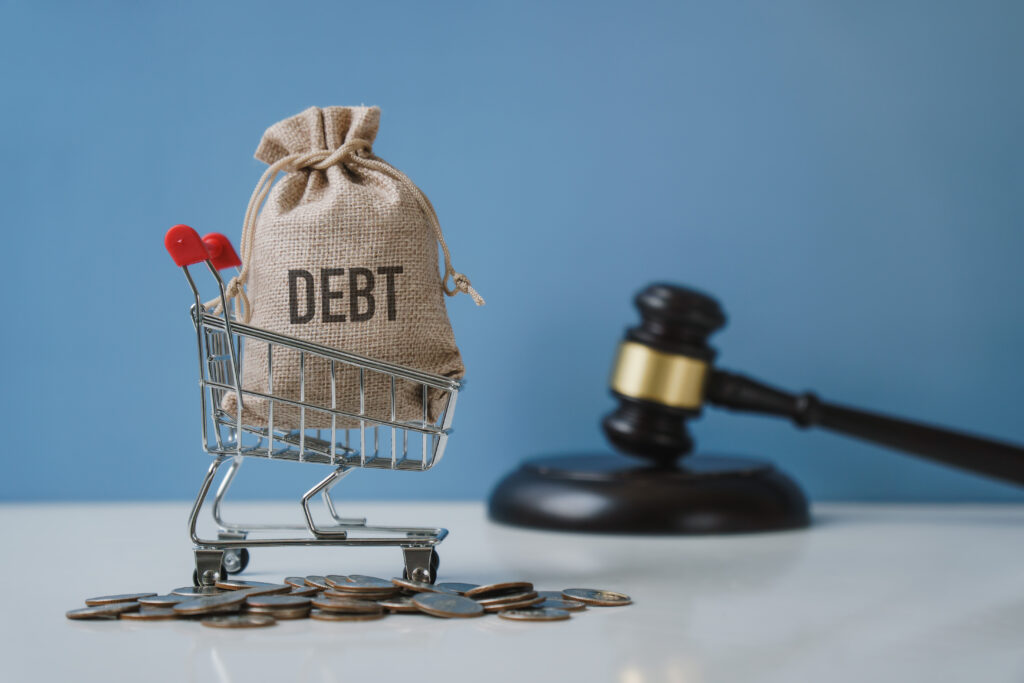 Debt. Money bag and shopping trolley with the hammer of the judge. Concept of financial crisis and problems. Risk management. Debt forgiveness and risks of debt settlement.