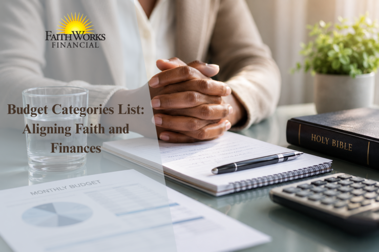 Faithworks Financial graphic showing clasped hands beside a Bible, budget papers, notebook, pen, and calculator; text reads “Budget Categories List.”