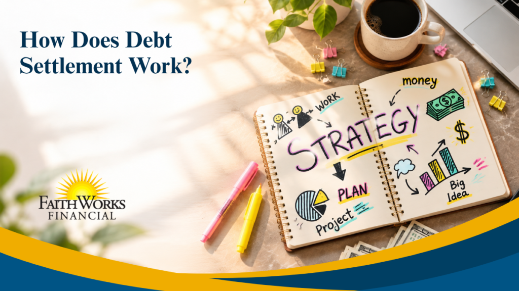 Debt settlement explainer graphic: a notebook labeled “Strategy” with charts and cash, coffee, and FaithWorks Financial branding in a warm, upbeat setting.