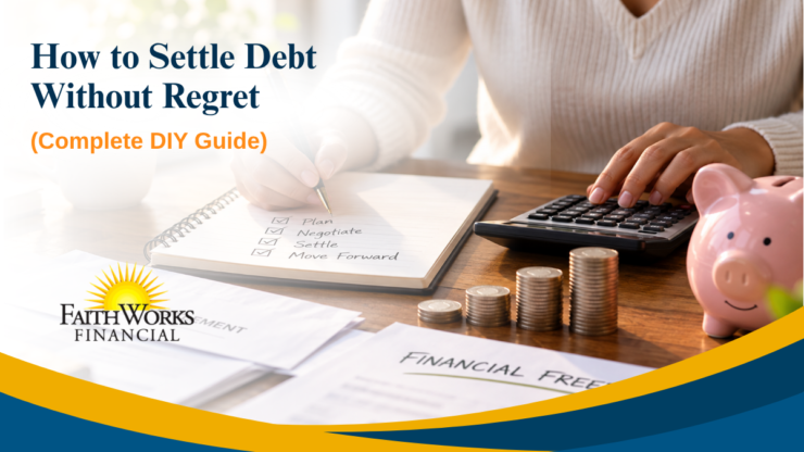 Debt-free planning guide image showing a person using a calculator beside stacked coins, a pink piggy bank, and a financial checklist; calm, encouraging tone.