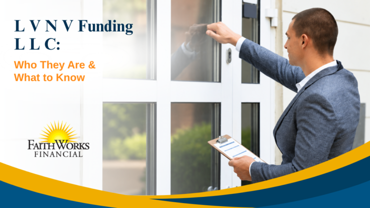 Promotional graphic titled “LVNV Funding LLC: Who They Are & What to Know,” showing a suited man at a glass door with a clipboard; informative tone.