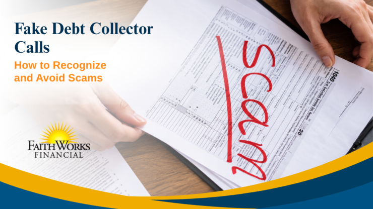 A hand holds a debt statement marked “Scam” in red; the headline warns about fake debt collector calls and avoiding scams, with a finance logo.