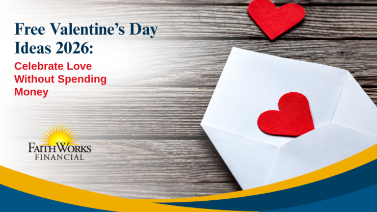 Valentine’s Day graphic on a wood background, with red hearts and a white envelope; text promotes budget-friendly ways to celebrate, with a warm, practical tone.