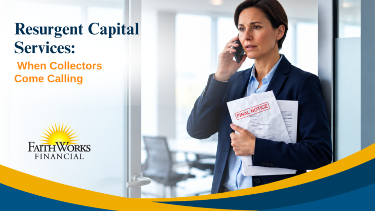 A concerned woman in business attire takes a phone call while holding a “Final Notice” letter; FaithWorks Financial ad reads, “When Collectors Come Calling.”