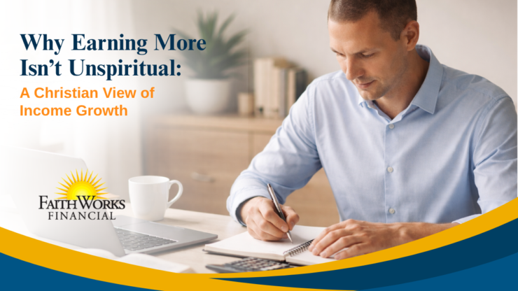 A focused man writes at his desk beside a laptop and coffee, with the headline “Why Earning More Isn’t Unspiritual” and FaithWorks Financial branding.