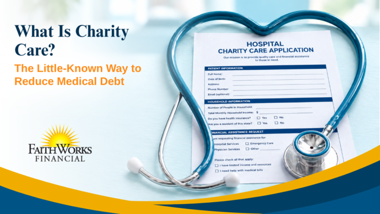 A hospital charity care application sits within a heart-shaped stethoscope beside “What Is Charity Care?” and guidance on reducing medical debt.