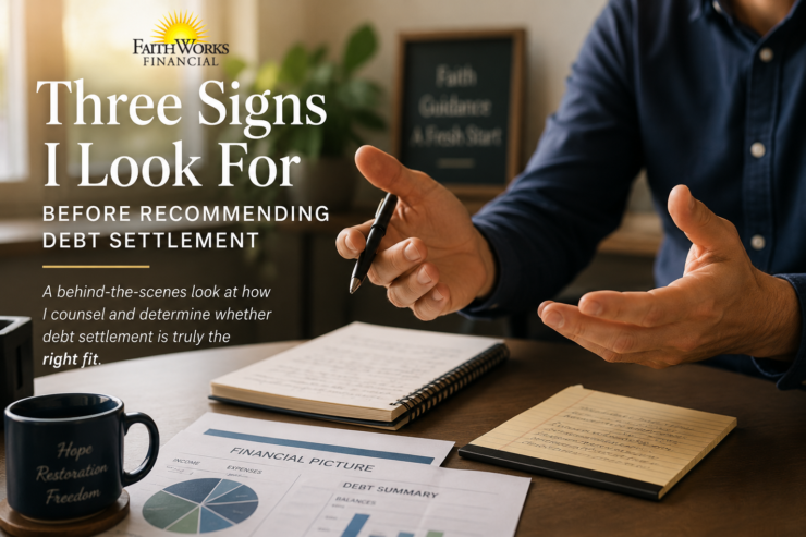 A person gestures over a desk with financial documents, a notebook, and a coffee mug. Text reads: “Three Signs I Look For Before Recommending Debt Settlement.”.