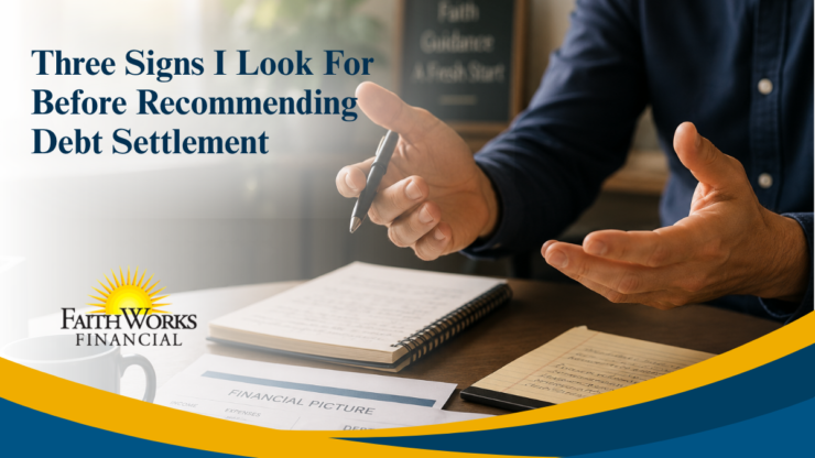 Financial advisor gestures over paperwork beneath the headline “Three Signs I Look For Before Recommending Debt Settlement,” with a calm, professional tone.