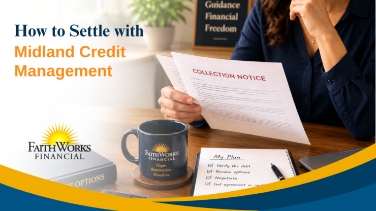 Financial banner promotes settling Midland Credit Management debt; a woman calmly studies a collection notice beside a handwritten plan and coffee.