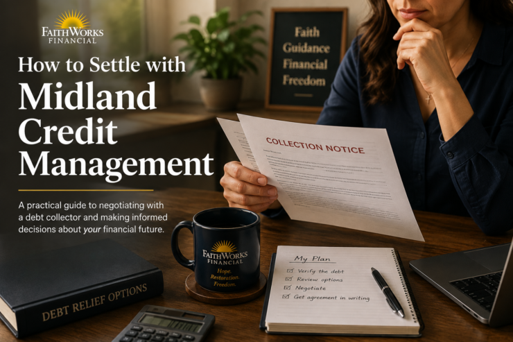 A woman reviews a collection notice at a desk with financial documents, a notepad titled “My Plan,” a coffee mug, and a book labeled “Debt Relief Options.”.
