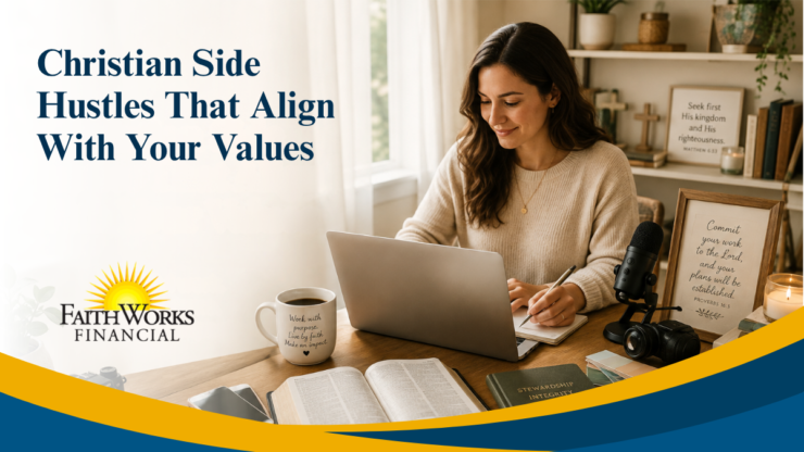 A woman works at a laptop beside an open Bible and microphone; “Christian Side Hustles That Align With Your Values” promotes purposeful income.