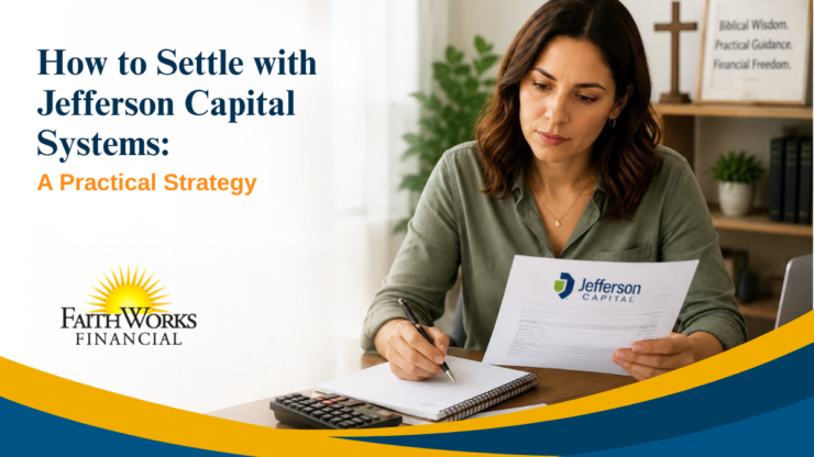 Promotional banner reading “How to Settle with Jefferson Capital Systems: A Practical Strategy,” beside a focused woman reviewing paperwork at a desk; calm, professional tone.