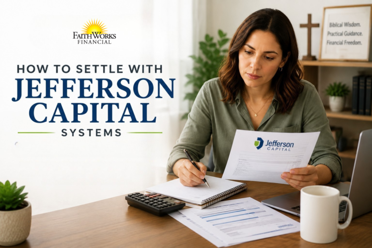 Woman reviews Jefferson Capital Systems paperwork at a desk with a calculator and coffee; graphic reads “How to Settle with Jefferson Capital Systems.”