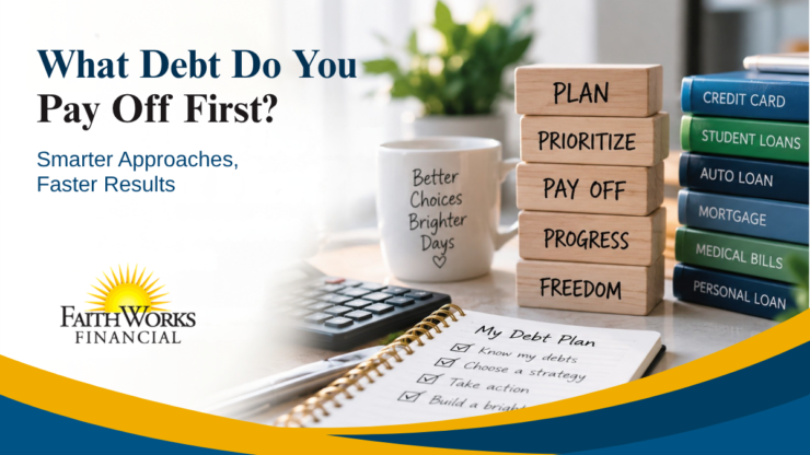 Financial advice graphic asks “What debt do you pay off first?” beside a checklist, goal blocks, and labeled loans; practical, encouraging tone.